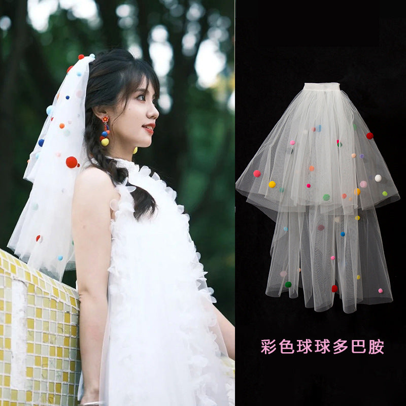 Colorful Floral & Pom Pom Tulle Bridal Veil