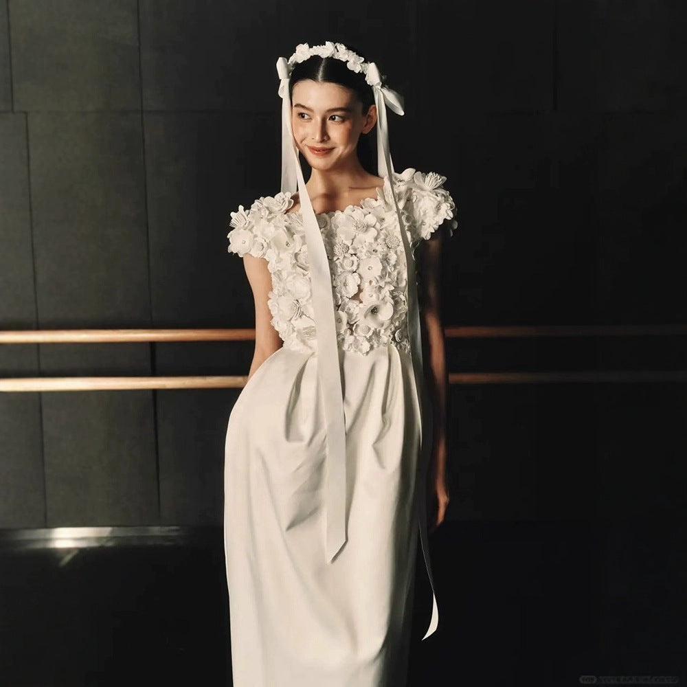 3D Floral Appliqué Long Dress with Ribbon Detail