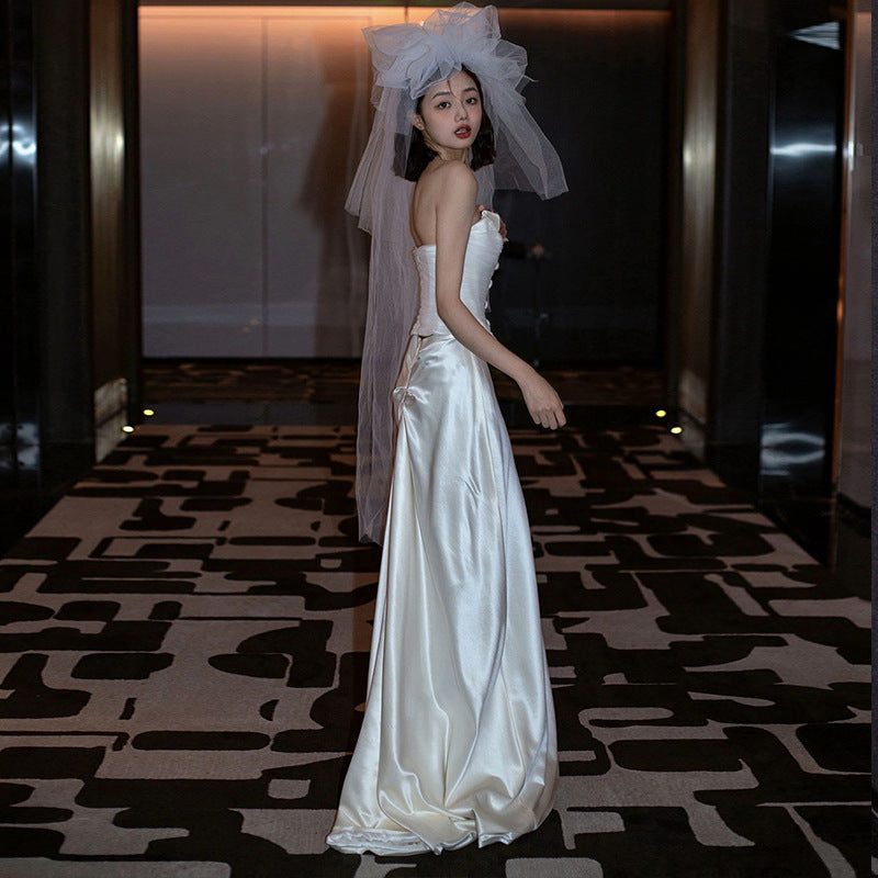 Buttoned Corset Strapless Wedding Dress