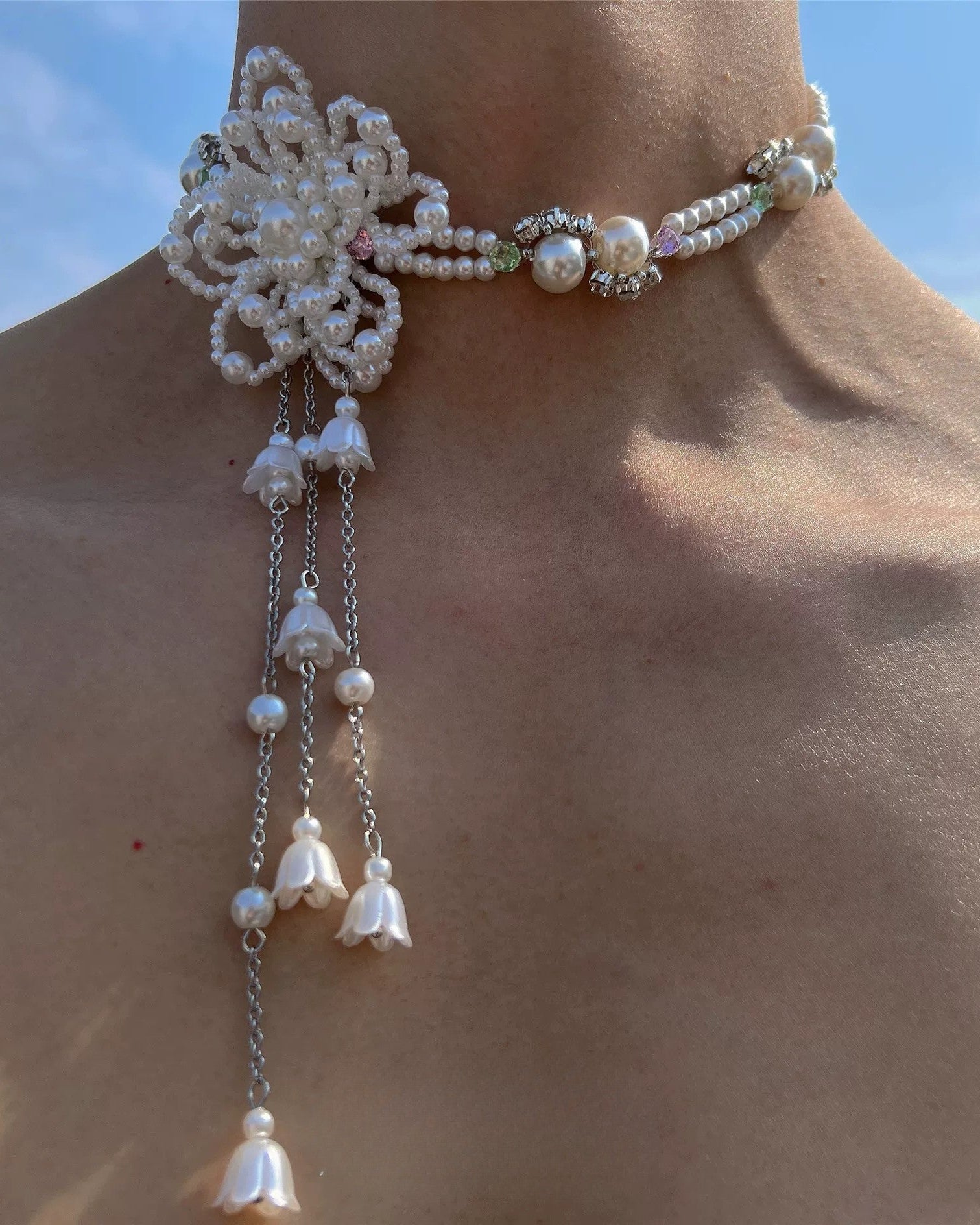 Beaded crystal pearl flower fringe choker