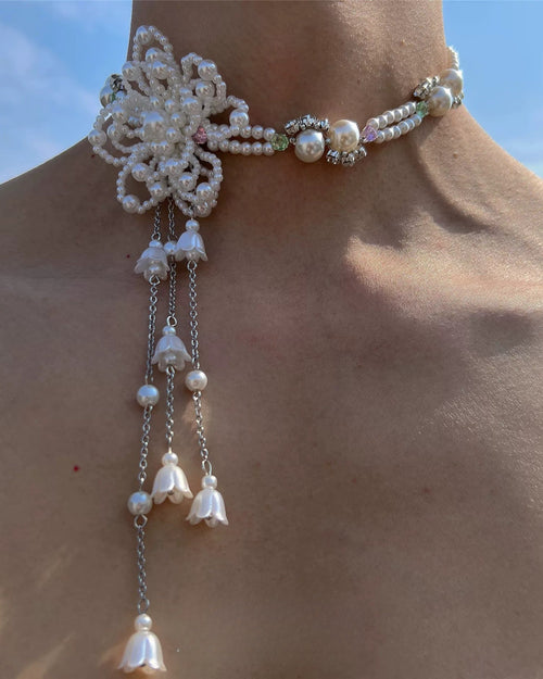 Beaded crystal pearl flower fringe choker