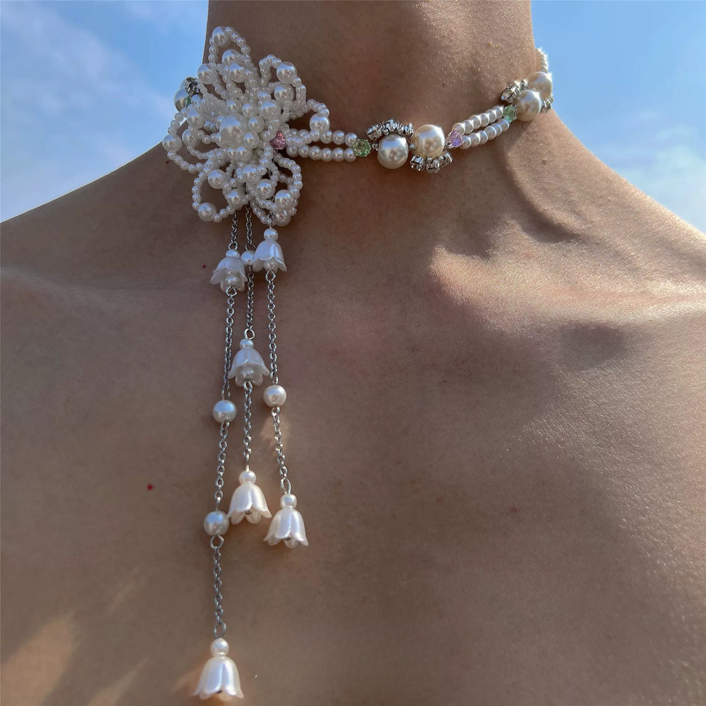 Beaded crystal pearl flower fringe choker