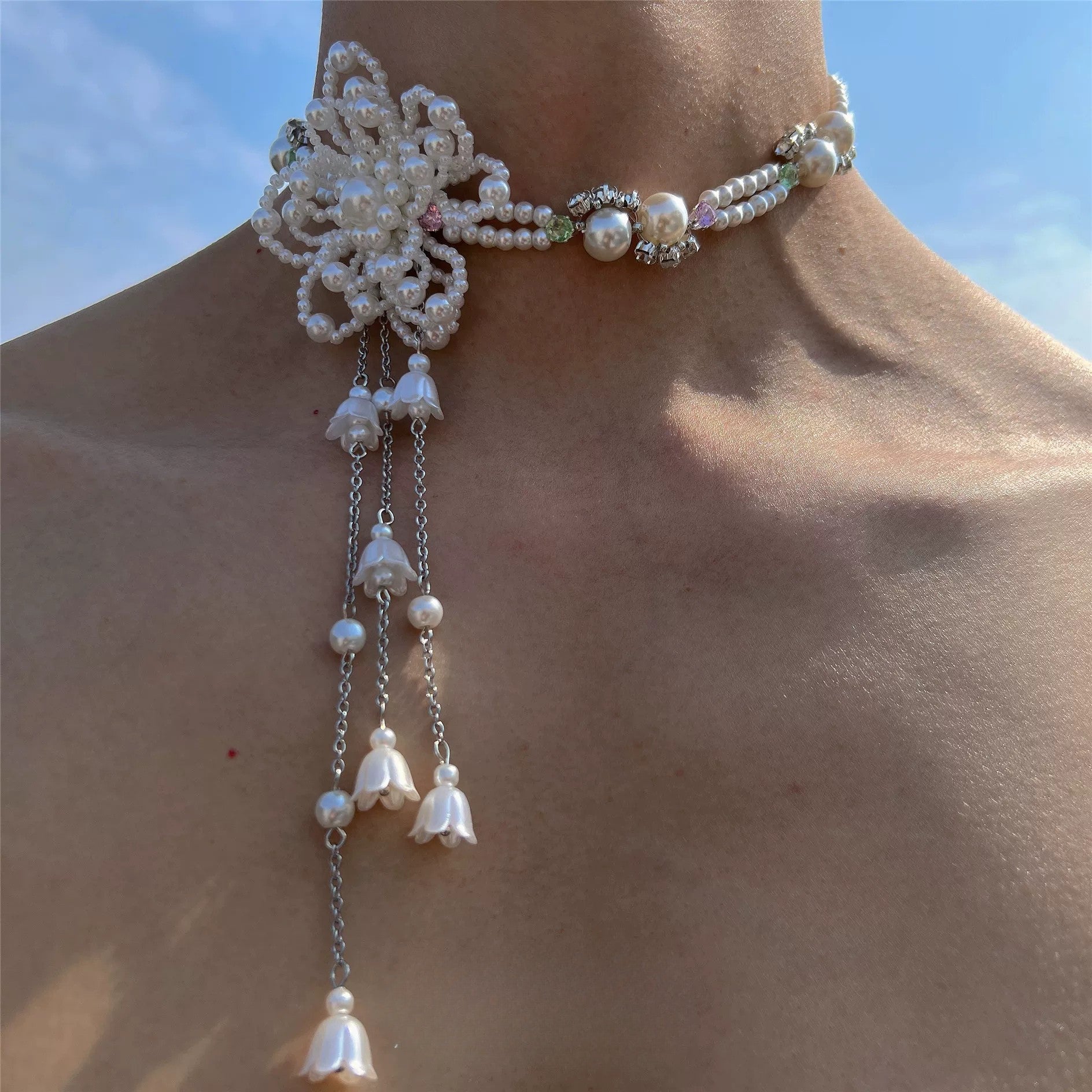 Beaded crystal pearl flower fringe choker