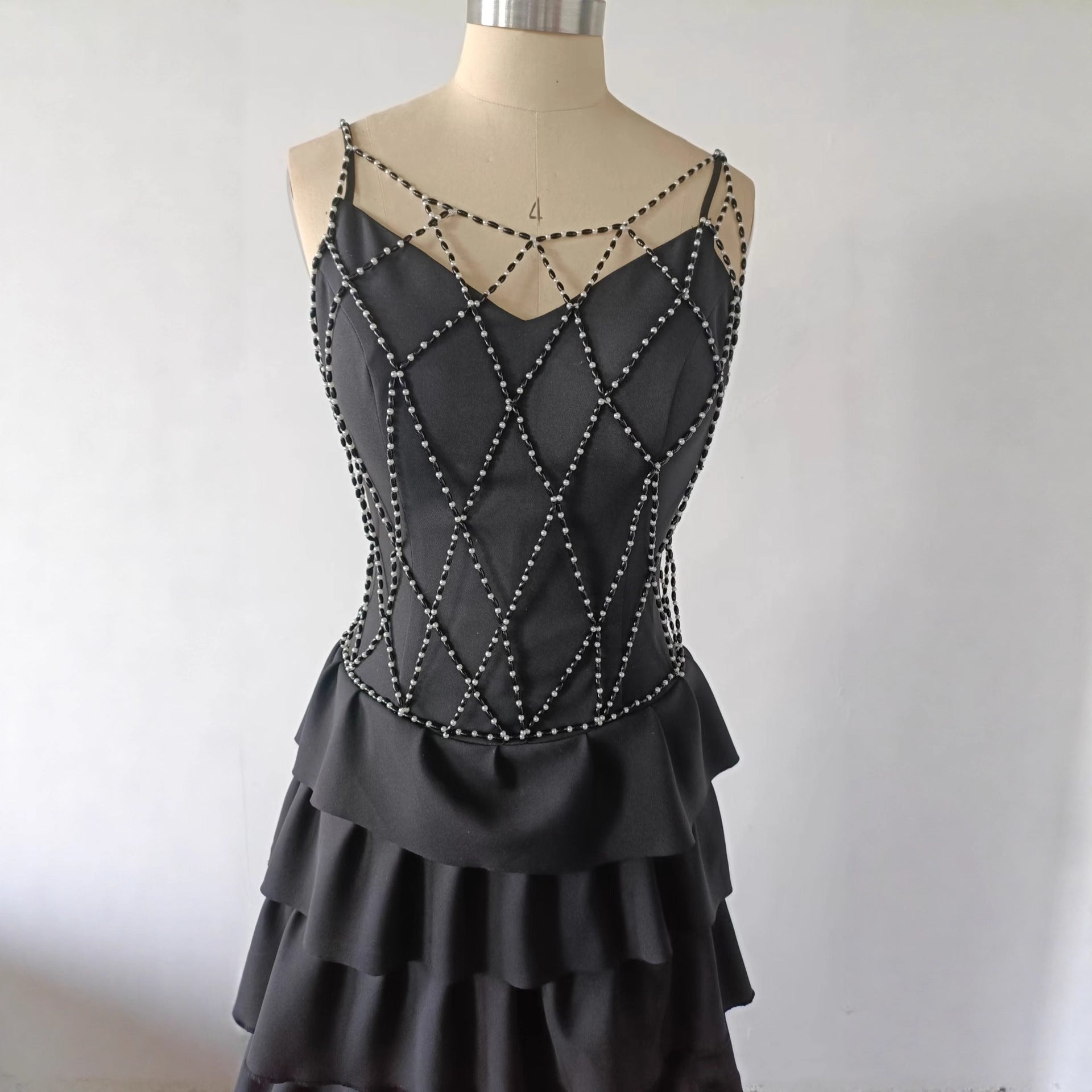 Beaded Mesh Bodice Tiered Maxi Dress