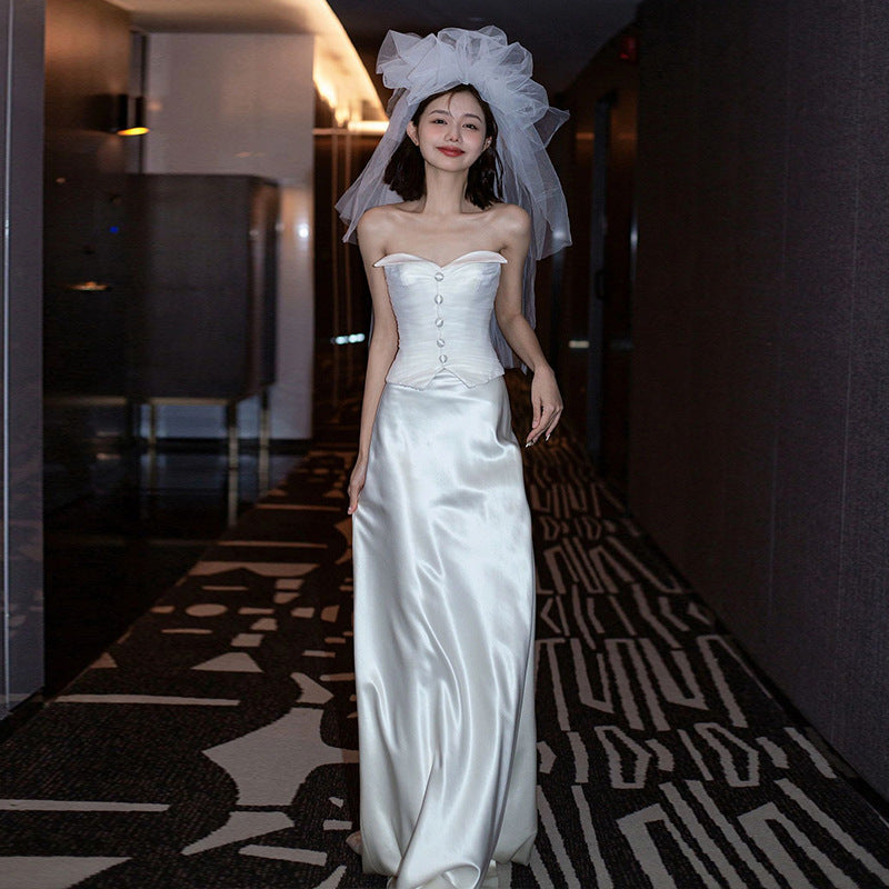 Buttoned Corset Strapless Wedding Dress