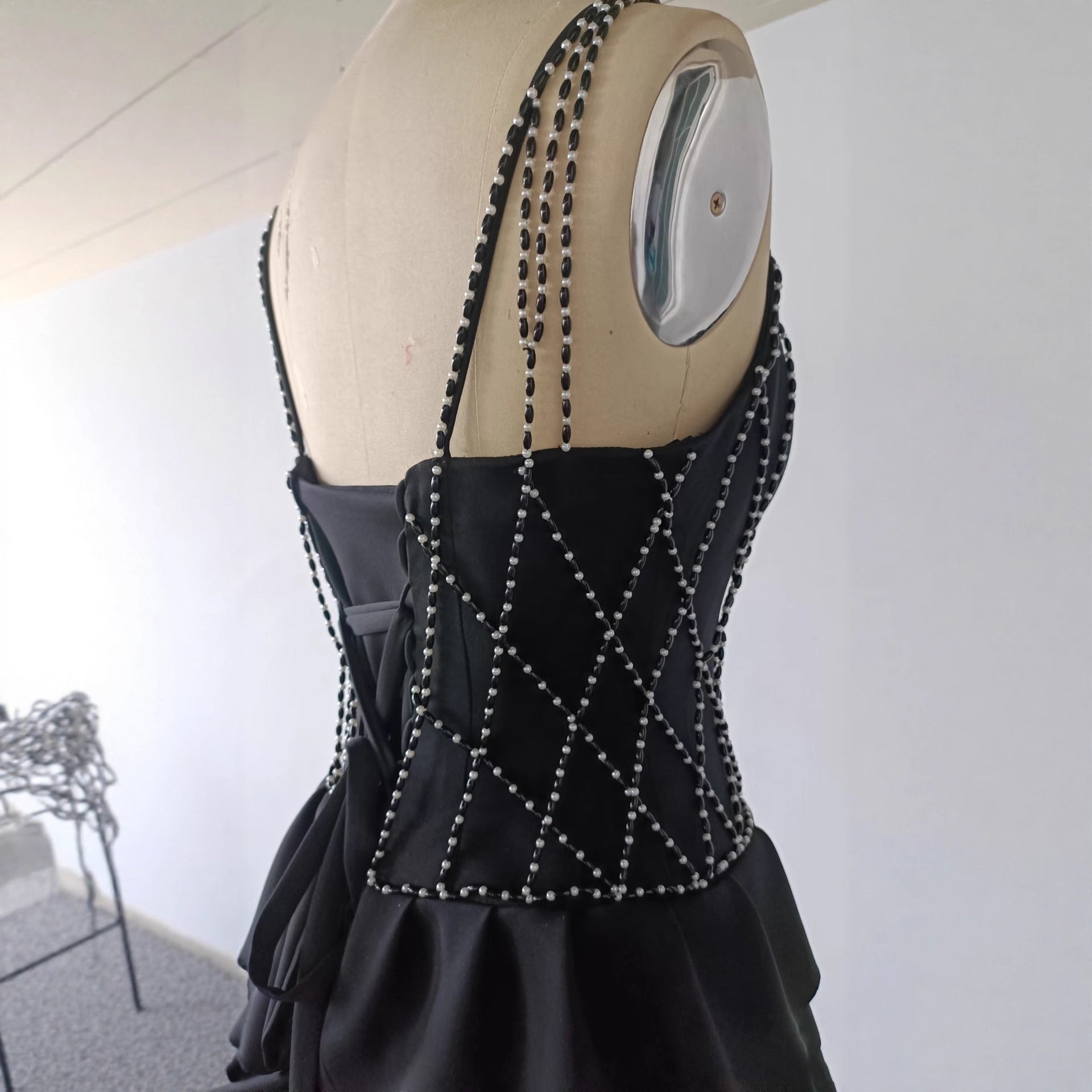 Beaded Mesh Bodice Tiered Maxi Dress