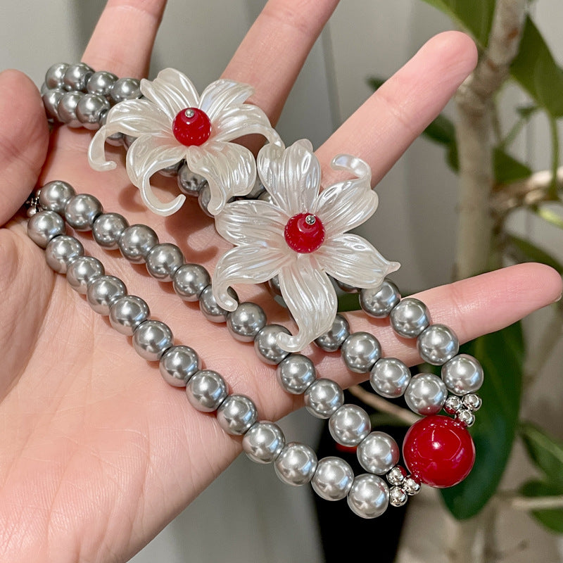 Flower Pearl Necklace with Red Bead Accent