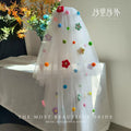 Colorful Floral & Pom Pom Tulle Bridal Veil