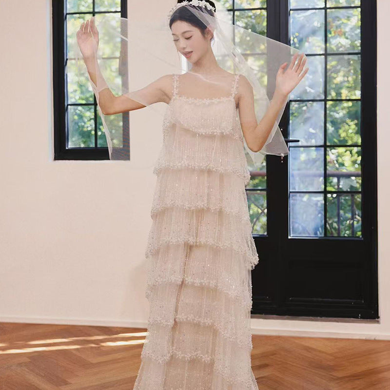 Beaded Tulle Tiered Dress