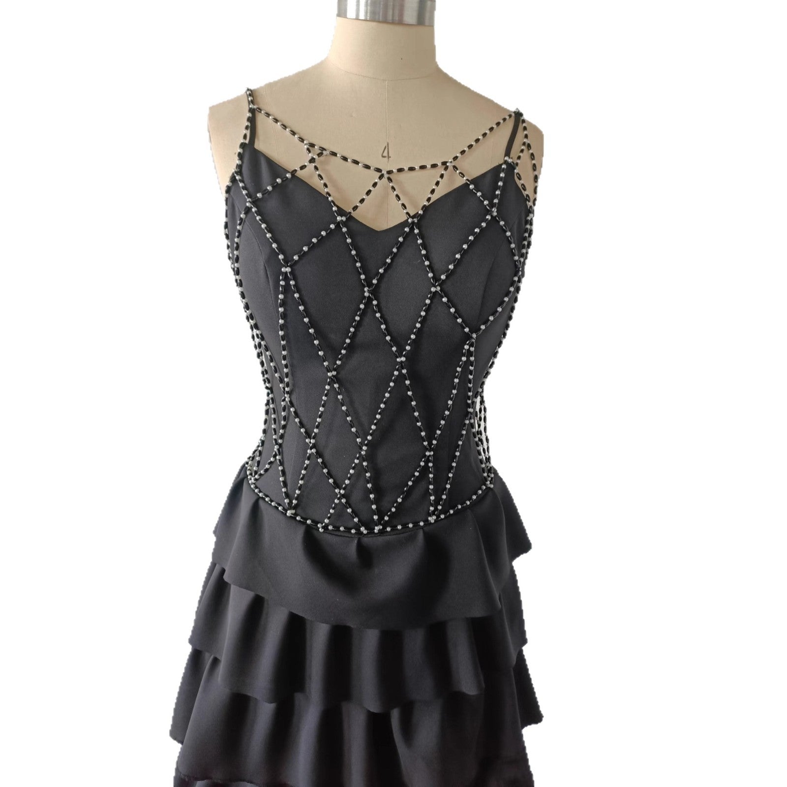 Beaded Mesh Bodice Tiered Maxi Dress