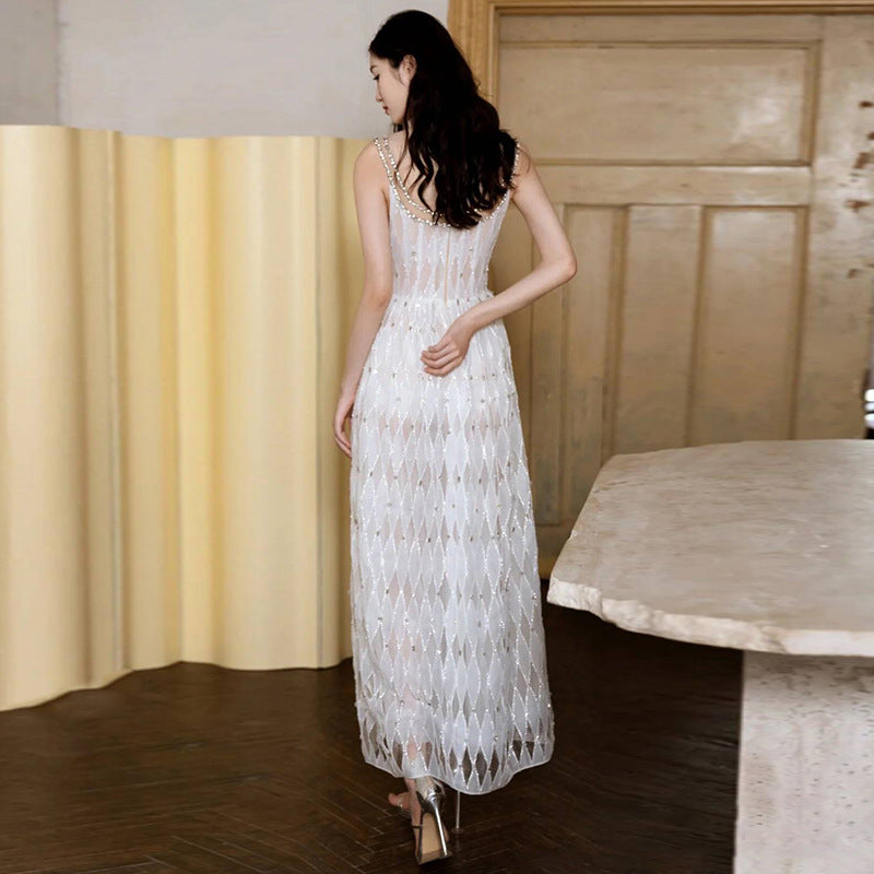 Beaded Strap Cutwork Long Dress