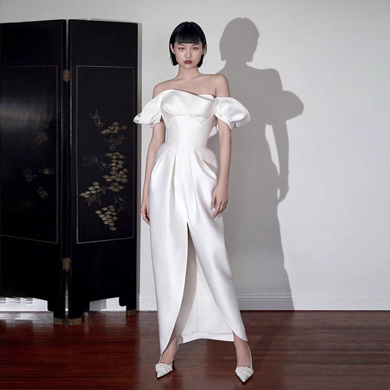 Off-Shoulder White Slit Dress