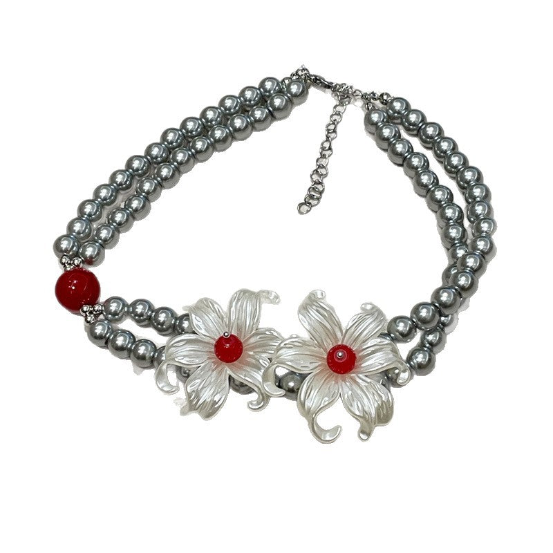 Flower Pearl Necklace with Red Bead Accent