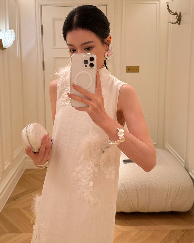Feather organza stand-collar cheongsam dress
