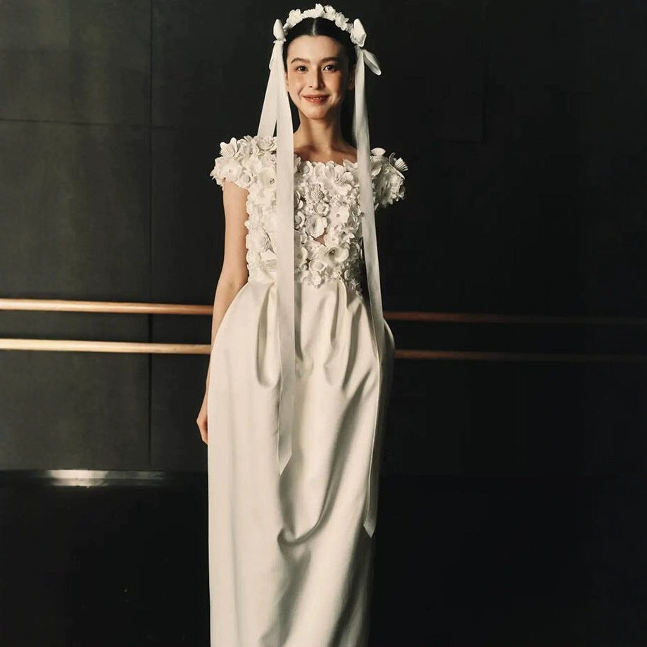 3D Floral Appliqué Long Dress with Ribbon Detail