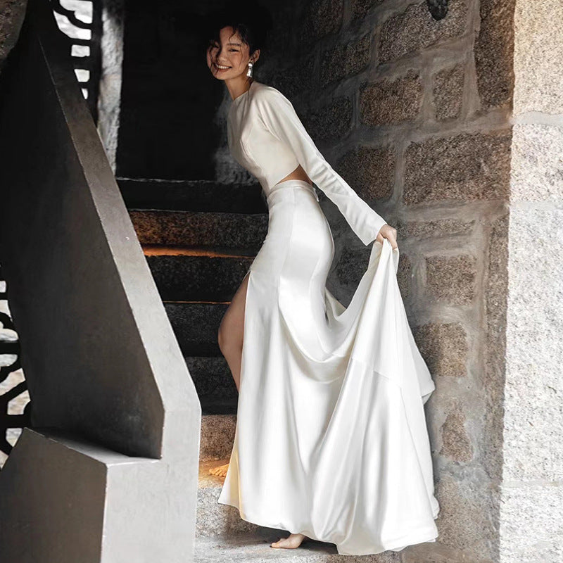 Minimal Long-Sleeve Crop Top & Slit Skirt Set