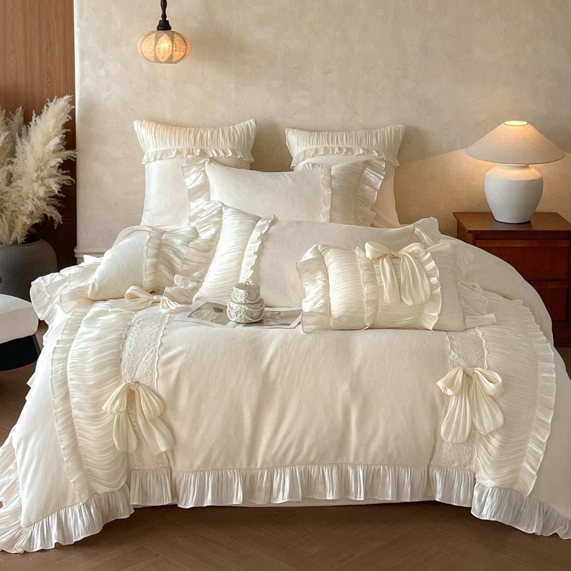 Soft white peony frill bedding