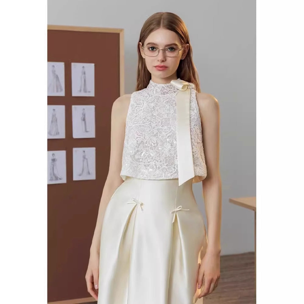 Lace Halter Top & Satin Skirt Set