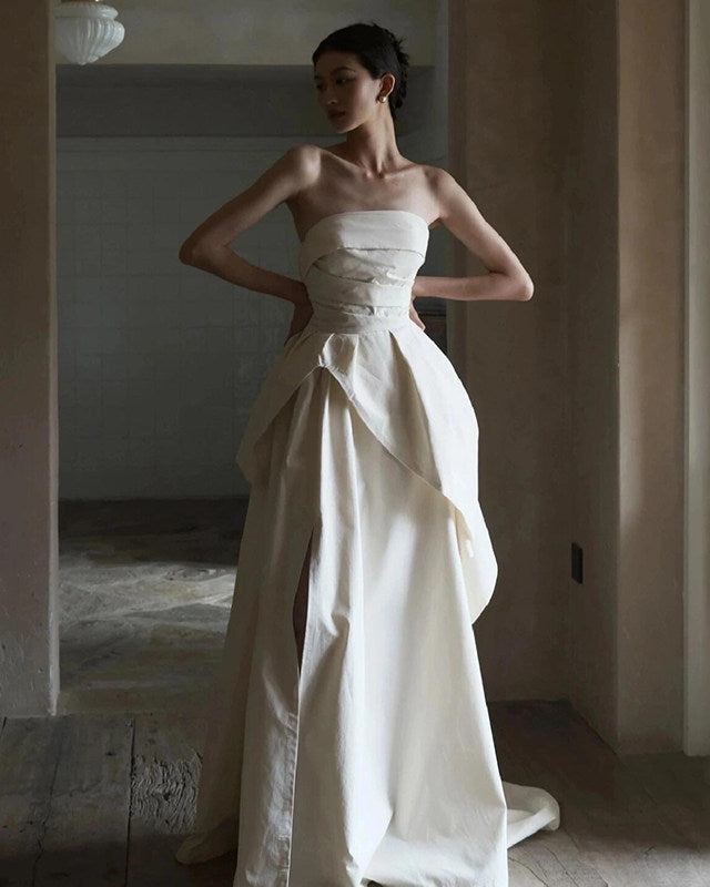 Satin off-shoulder bridal dress