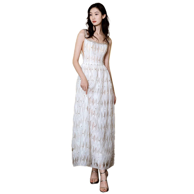 Beaded Strap Cutwork Long Dress