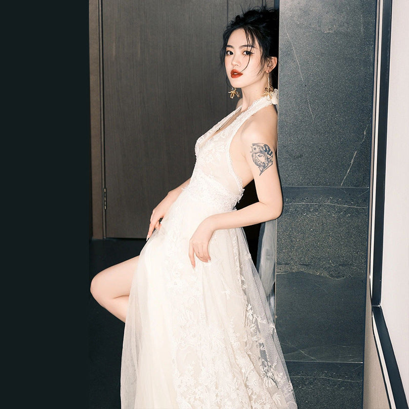 Lace Halter Slit Bridal Dress