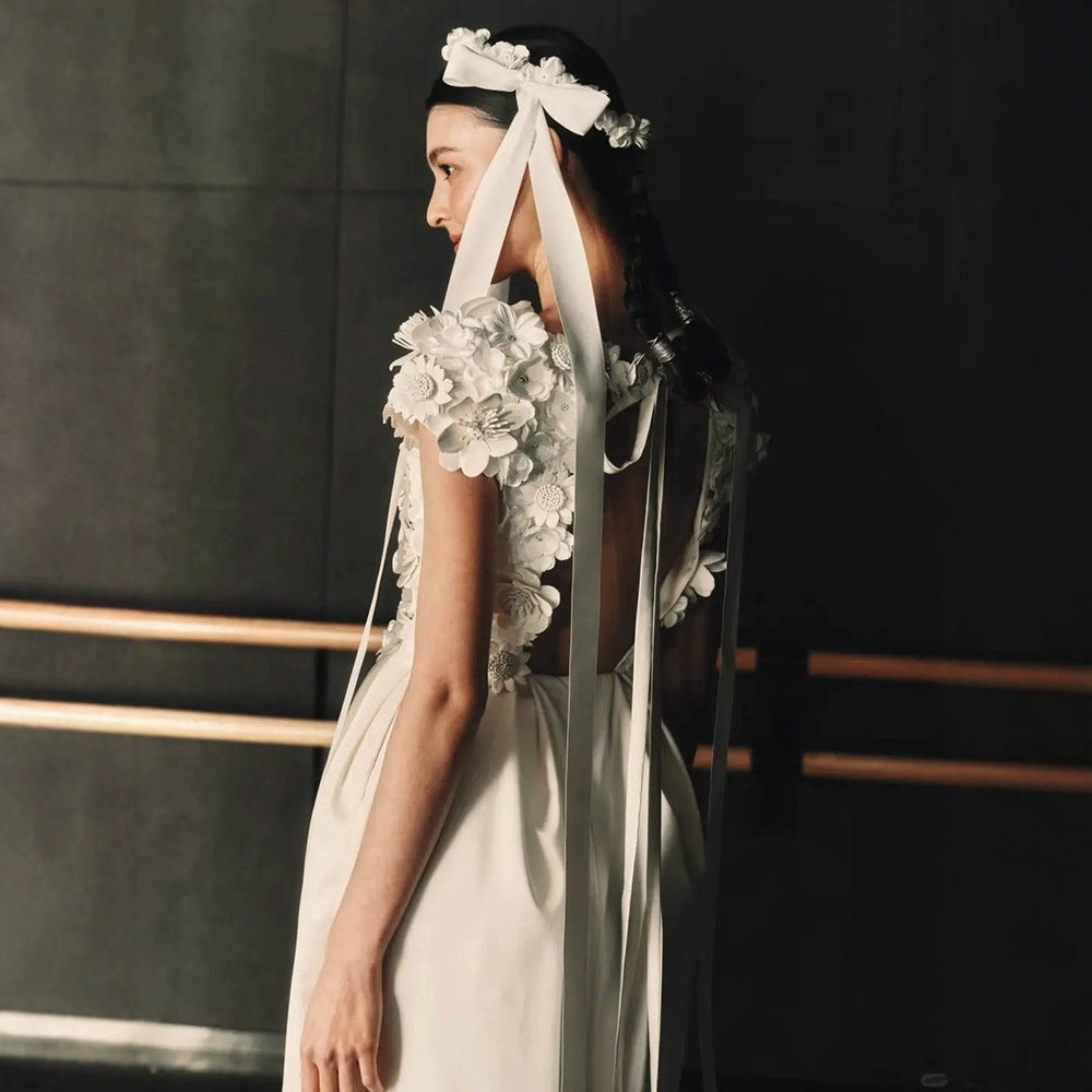 3D Floral Appliqué Long Dress with Ribbon Detail