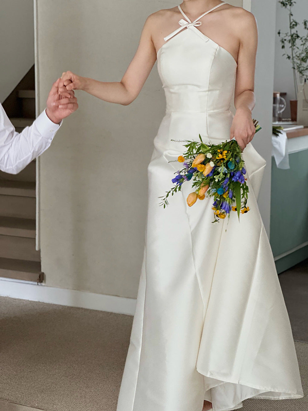 Minimal Cross-Halter Satin Bridal Dress