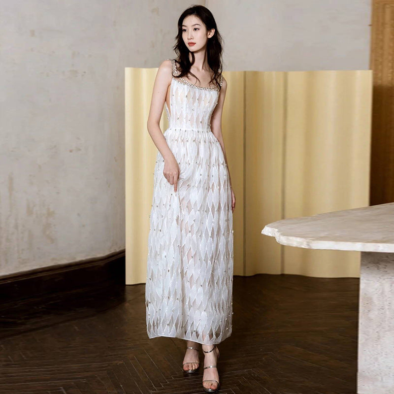 Beaded Strap Cutwork Long Dress