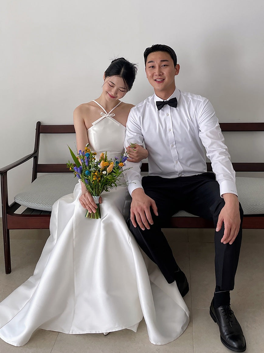 Minimal Cross-Halter Satin Bridal Dress