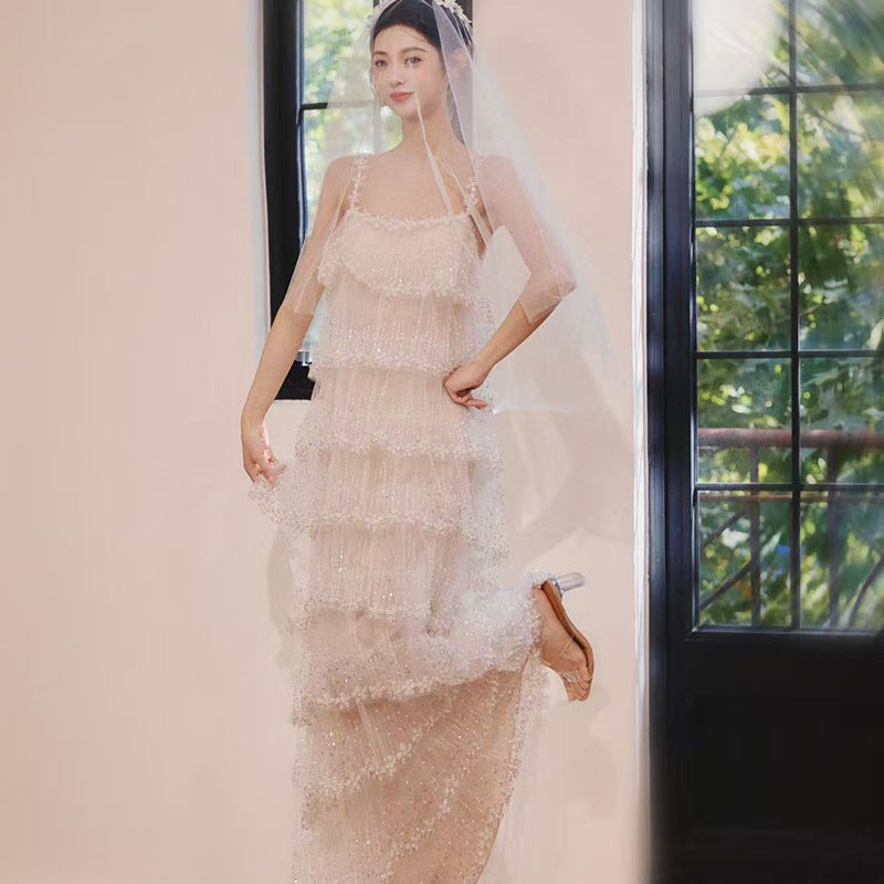 Beaded Tulle Tiered Dress