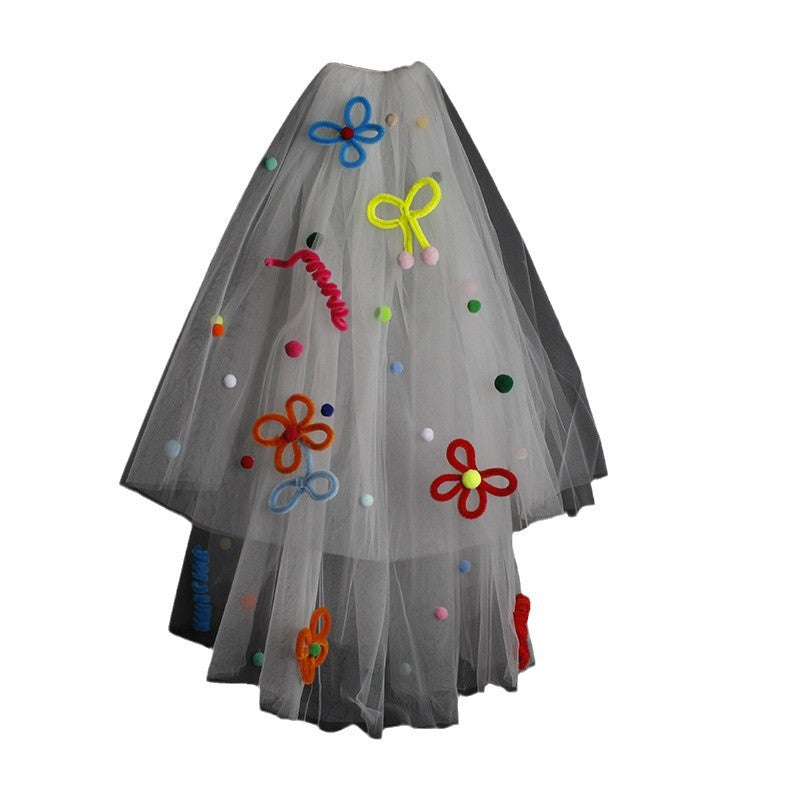 Colorful Floral & Pom Pom Tulle Bridal Veil