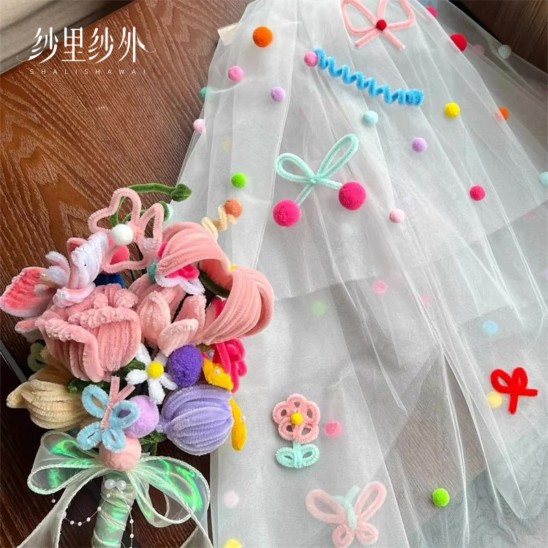 Colorful Floral & Pom Pom Tulle Bridal Veil