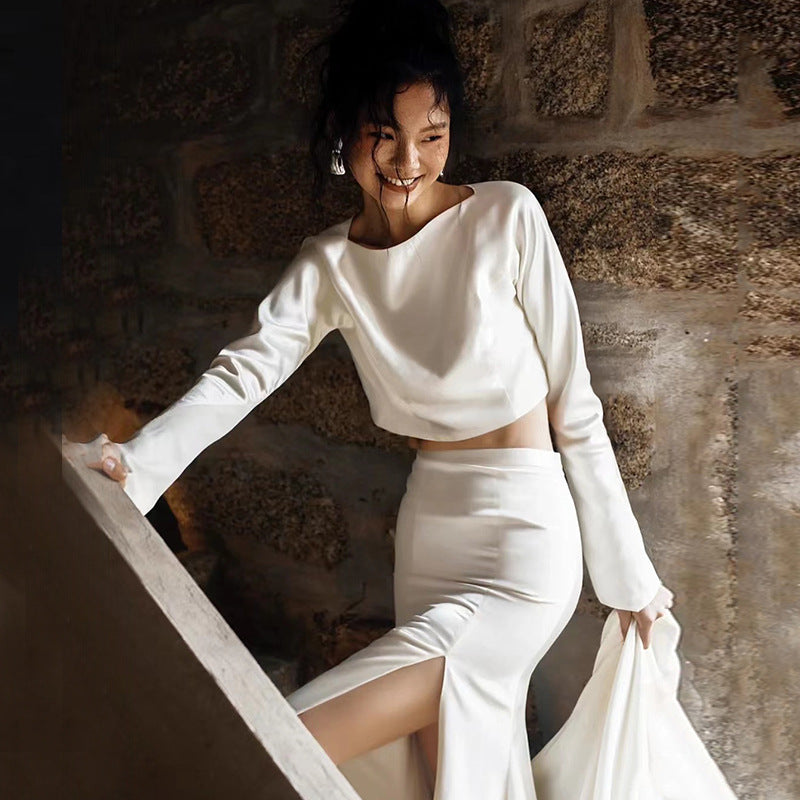 Minimal Long-Sleeve Crop Top & Slit Skirt Set