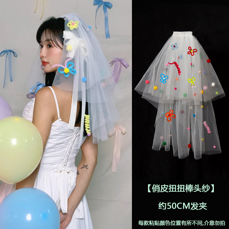 Colorful Floral & Pom Pom Tulle Bridal Veil