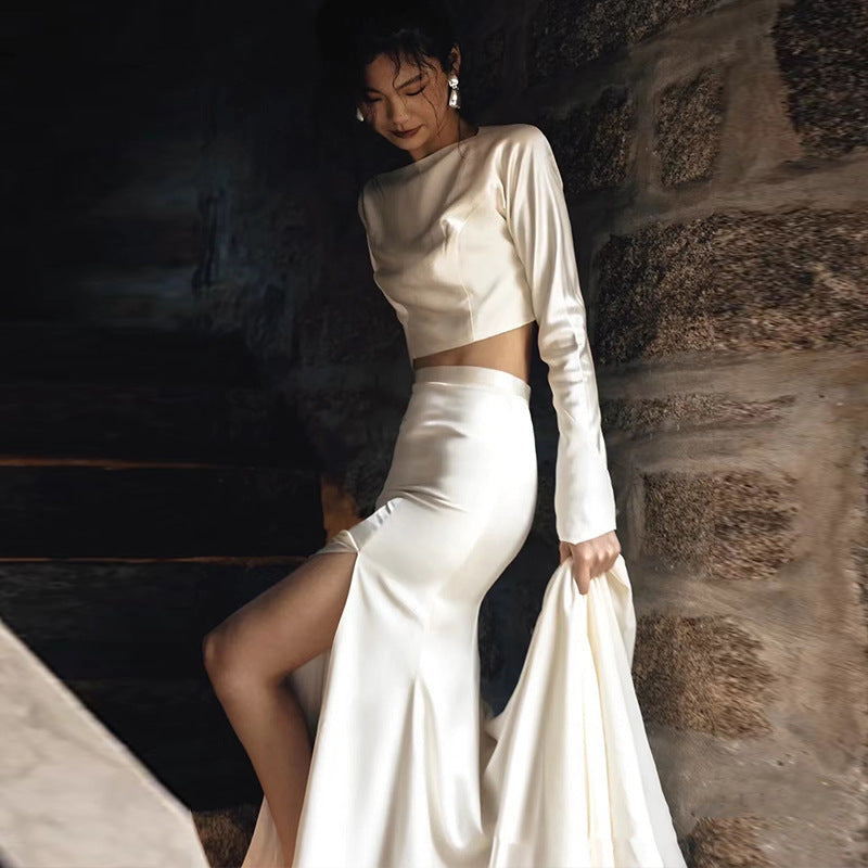 Minimal Long-Sleeve Crop Top & Slit Skirt Set