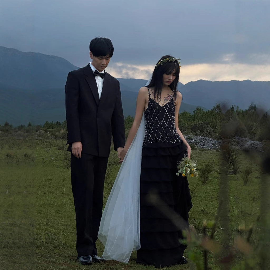 Beaded Mesh Bodice Tiered Maxi Dress