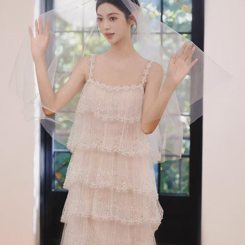 Beaded Tulle Tiered Dress
