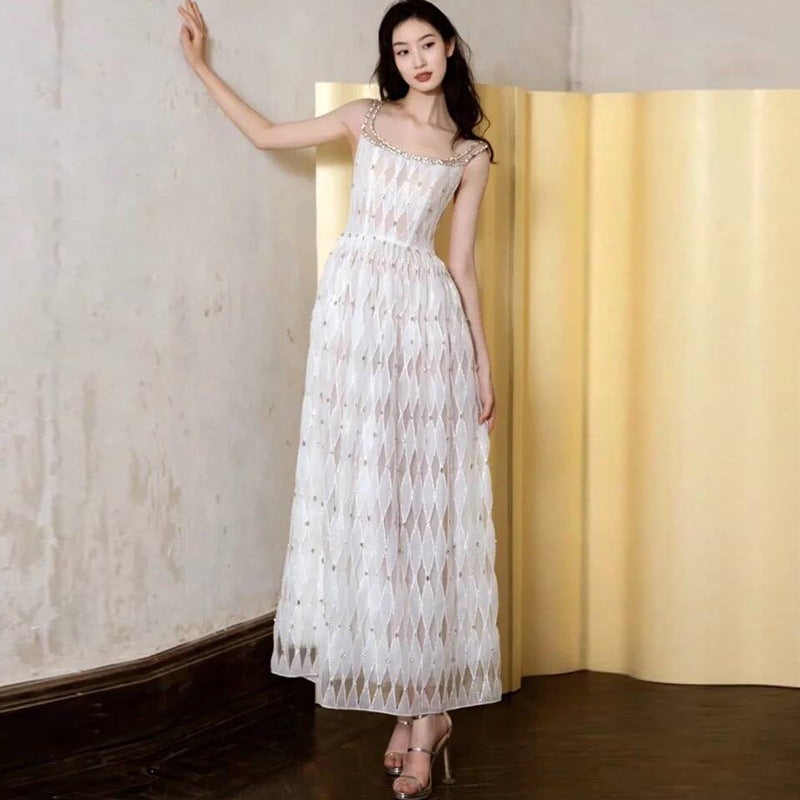 Beaded Strap Cutwork Long Dress