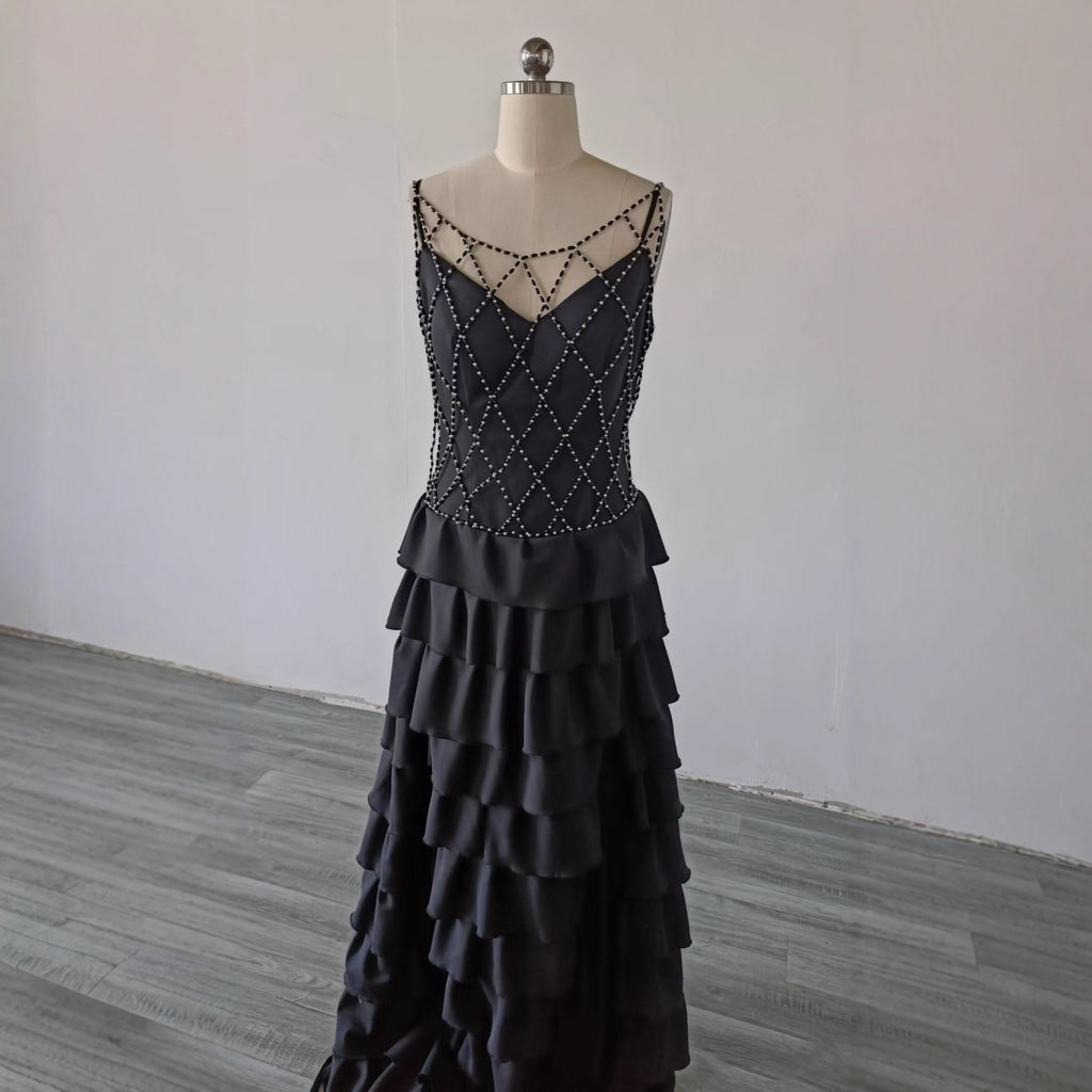 Beaded Mesh Bodice Tiered Maxi Dress