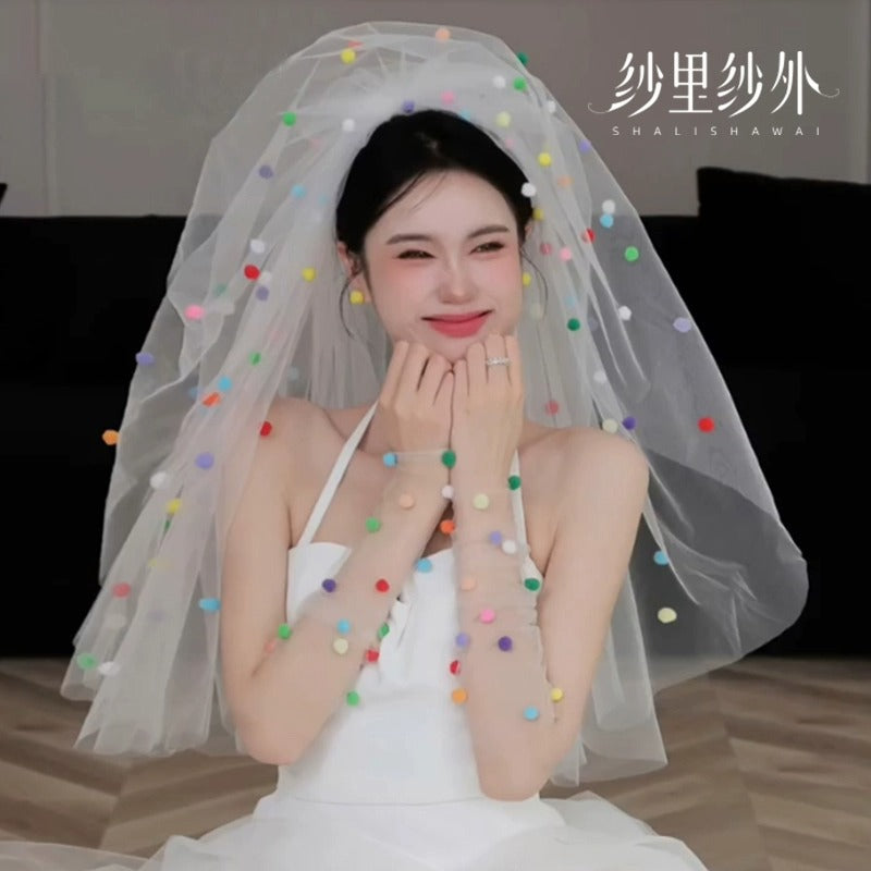 Colorful Floral & Pom Pom Tulle Bridal Veil