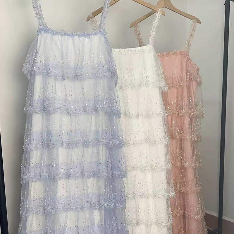 Beaded Tulle Tiered Dress