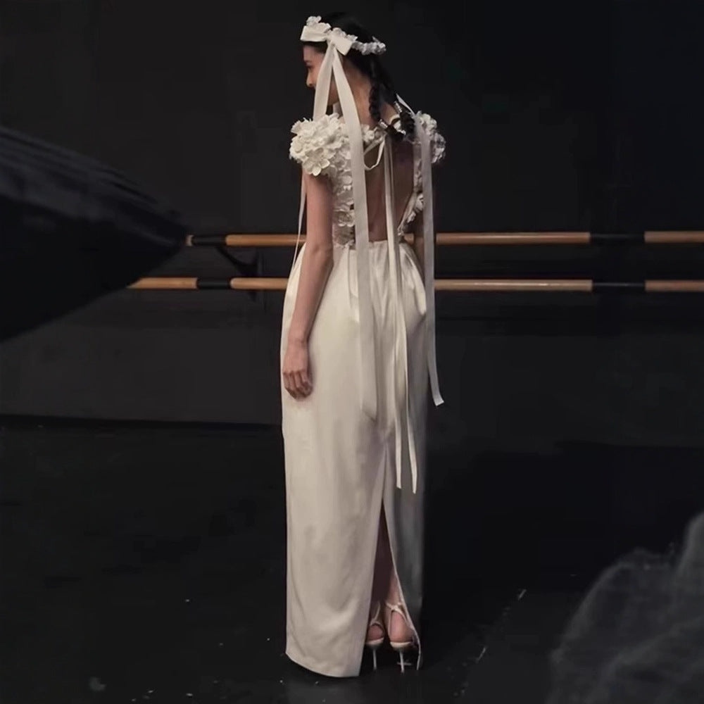 3D Floral Appliqué Long Dress with Ribbon Detail