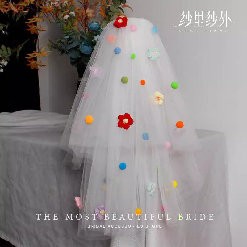 Colorful Floral & Pom Pom Tulle Bridal Veil