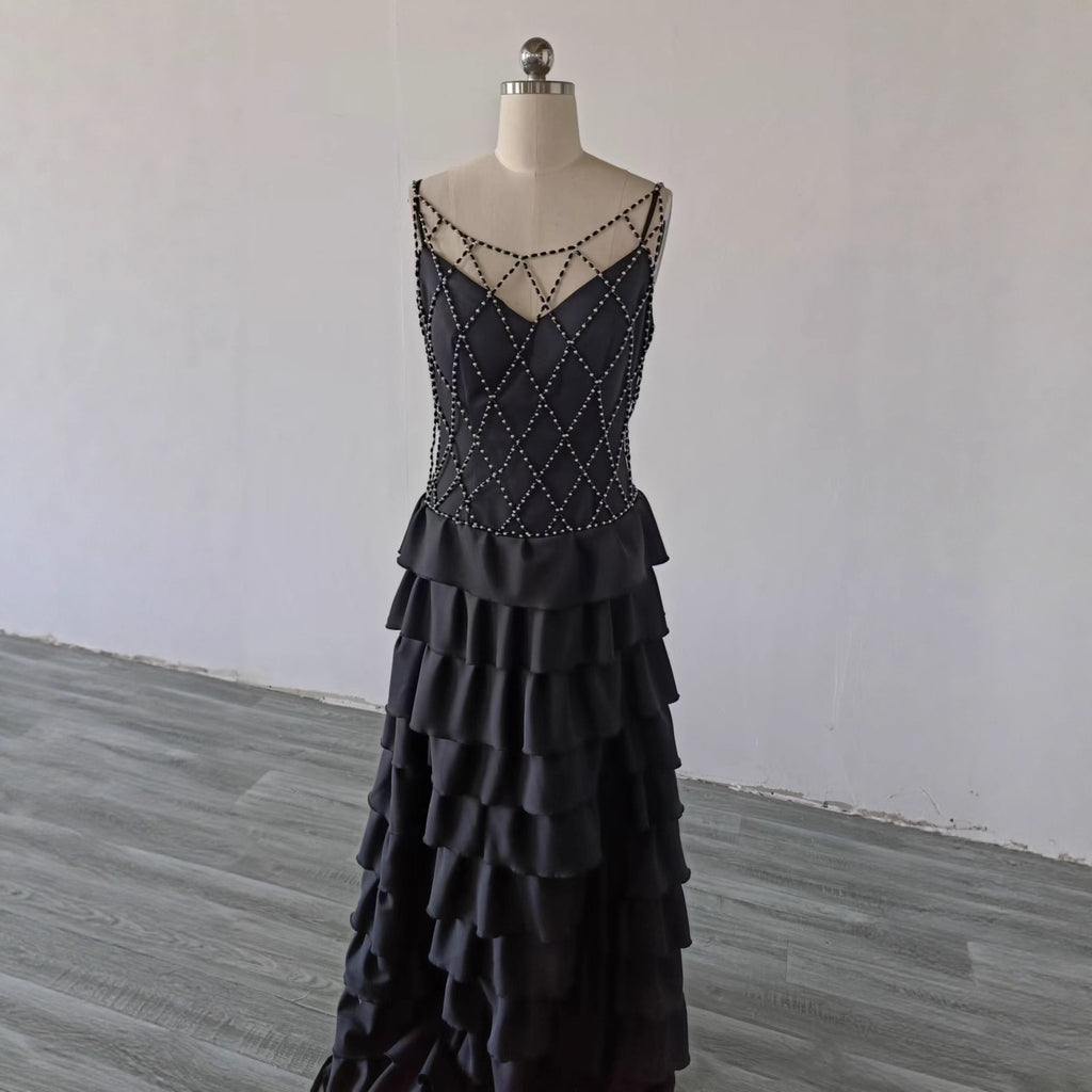 Beaded Mesh Bodice Tiered Maxi Dress