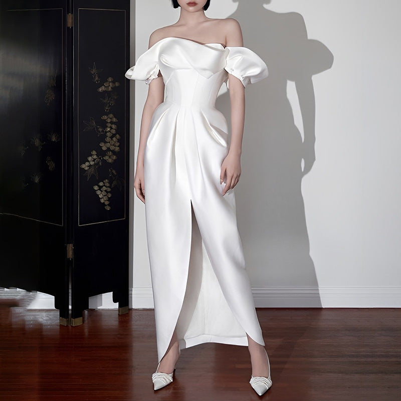 Off-Shoulder White Slit Dress