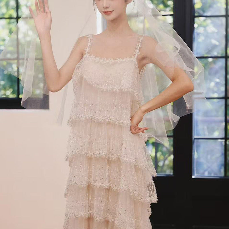 Beaded Tulle Tiered Dress