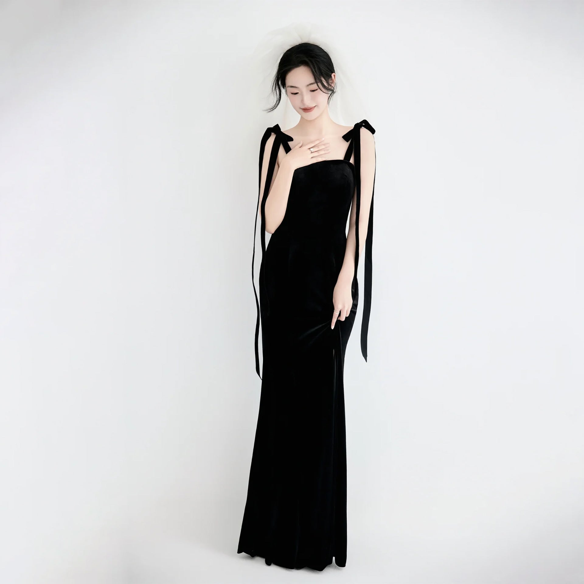 Long Ribbon Shoulder Maxi Dress