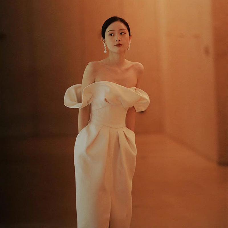 Off-Shoulder White Slit Dress