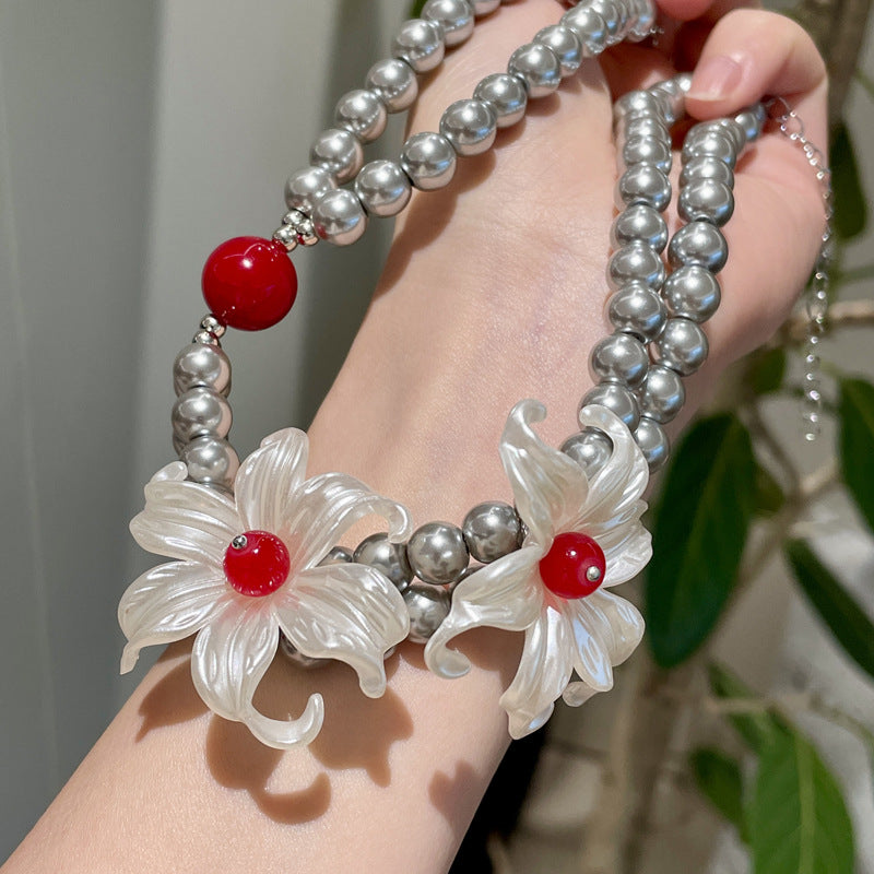 Flower Pearl Necklace with Red Bead Accent