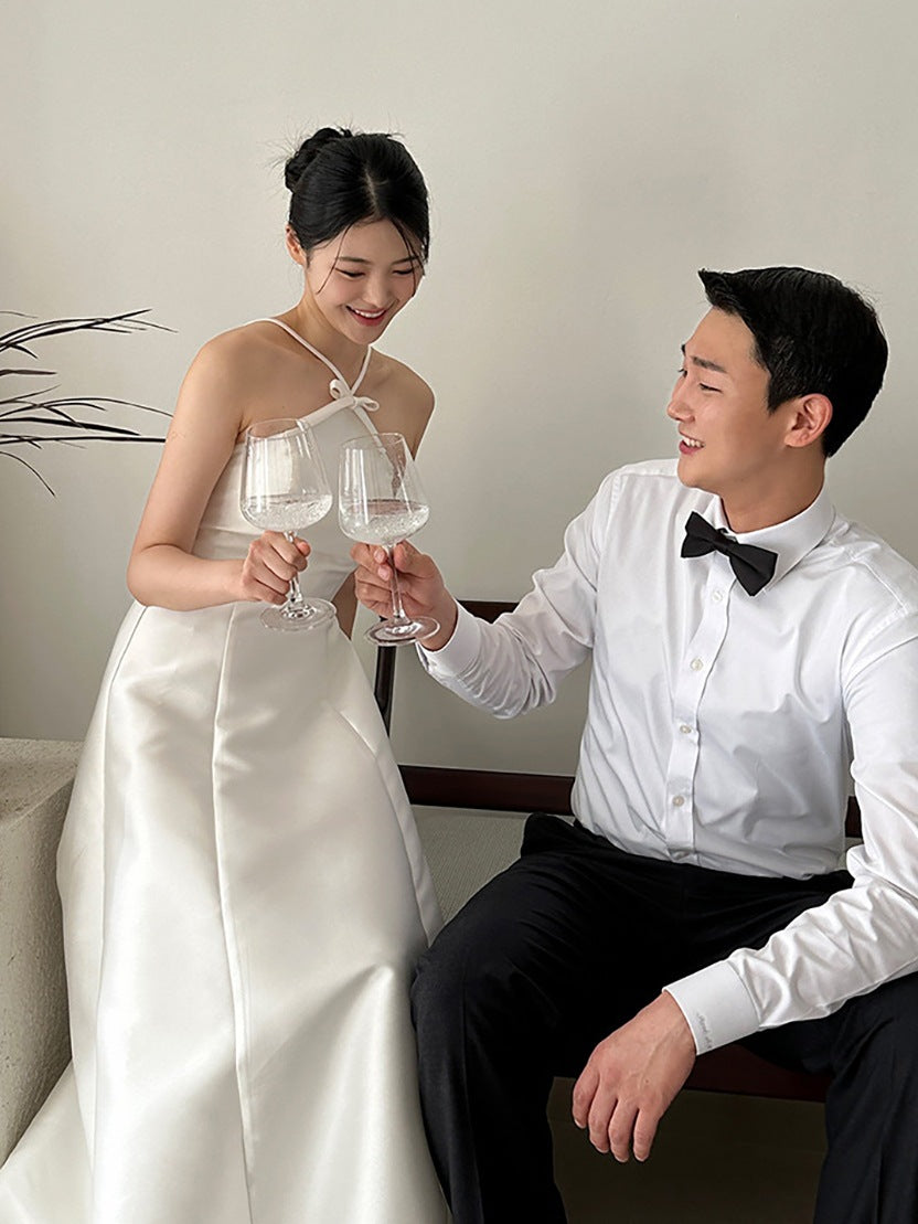 Minimal Cross-Halter Satin Bridal Dress